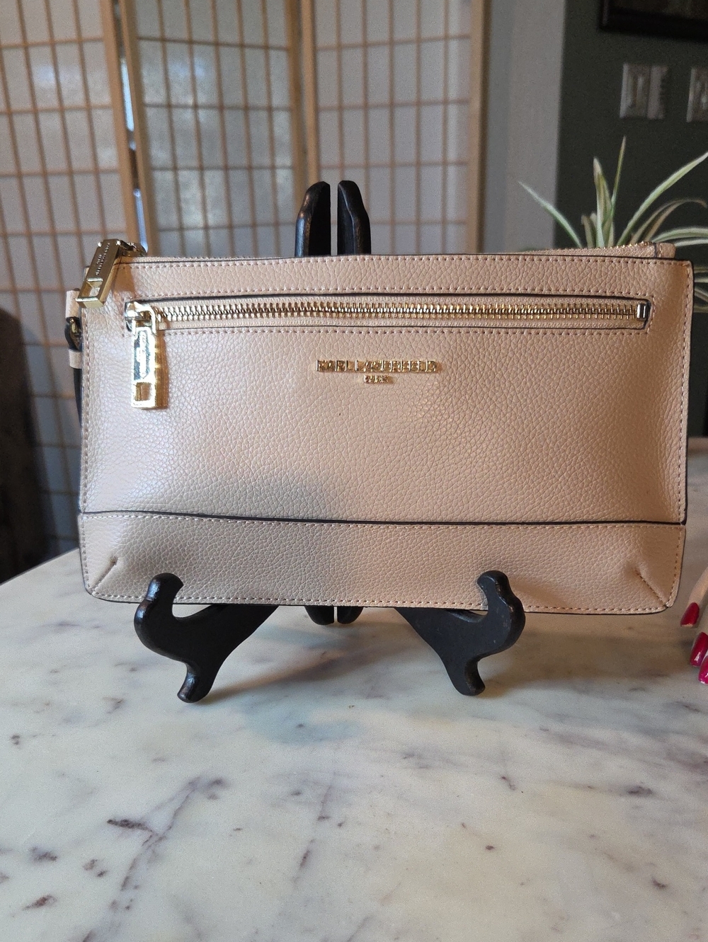 Karl Lagerfeld Beige Pebbled Leather Wristlet with Gold Hardware